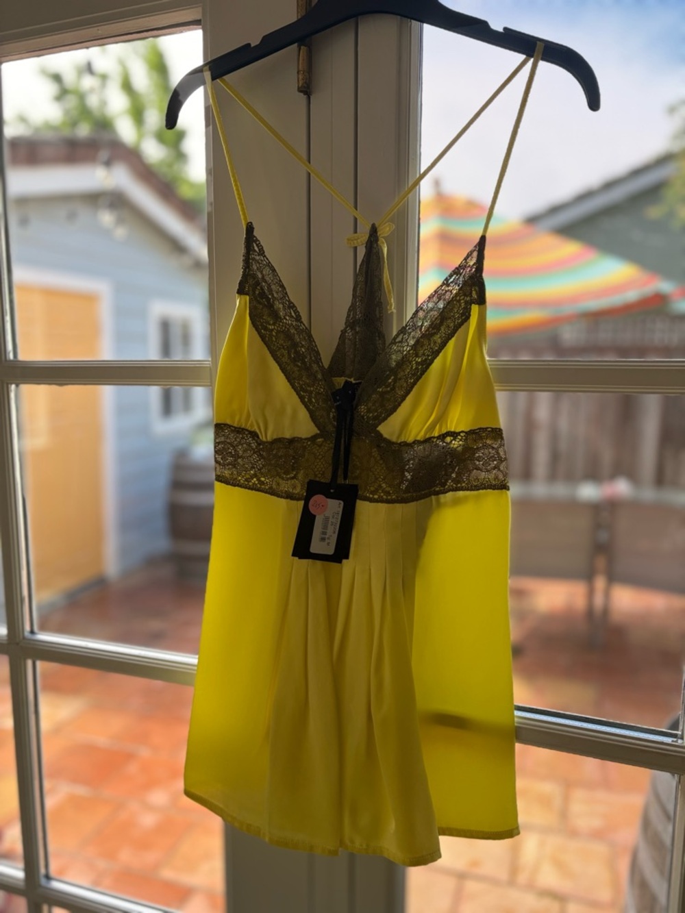 Twin-Set Satin Chemise in Yellow with Olive Lace Trim